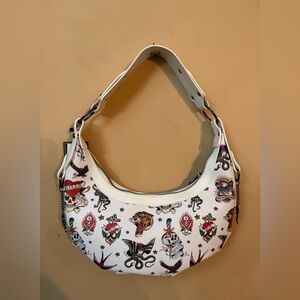 Ed Hardy White Tattoo-Print Shoulder Bag with Multicolor Graphics